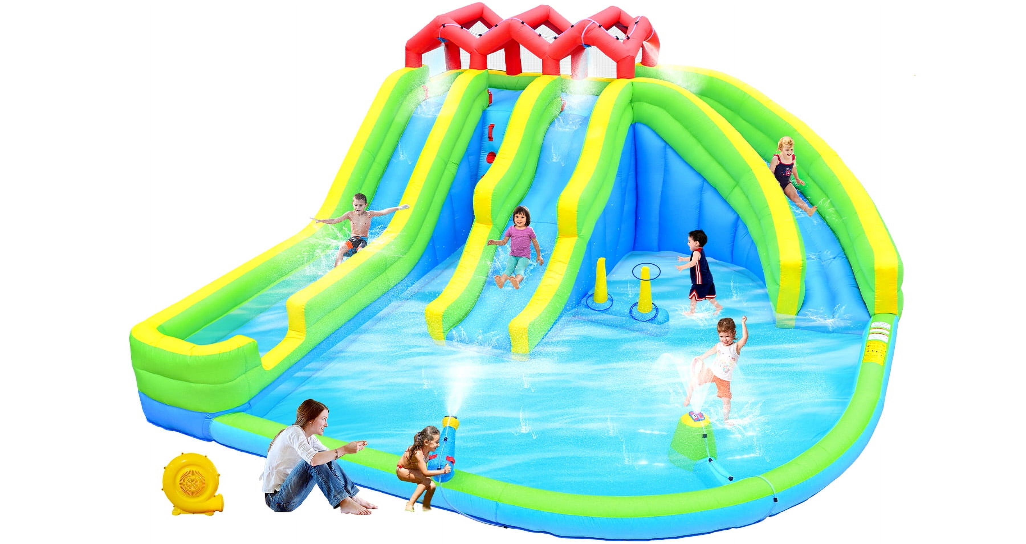 7 in 1 Inflatable Water Park Three Slide with Blower Water Gun Sprinkler Fountain Climbing Wall for Children