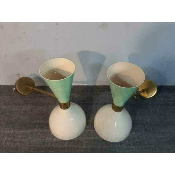Wall Sconce Light -Fixture 2 Bulb Pair 1950's Mid Century Brass Italian Diabolo Wall Sconce