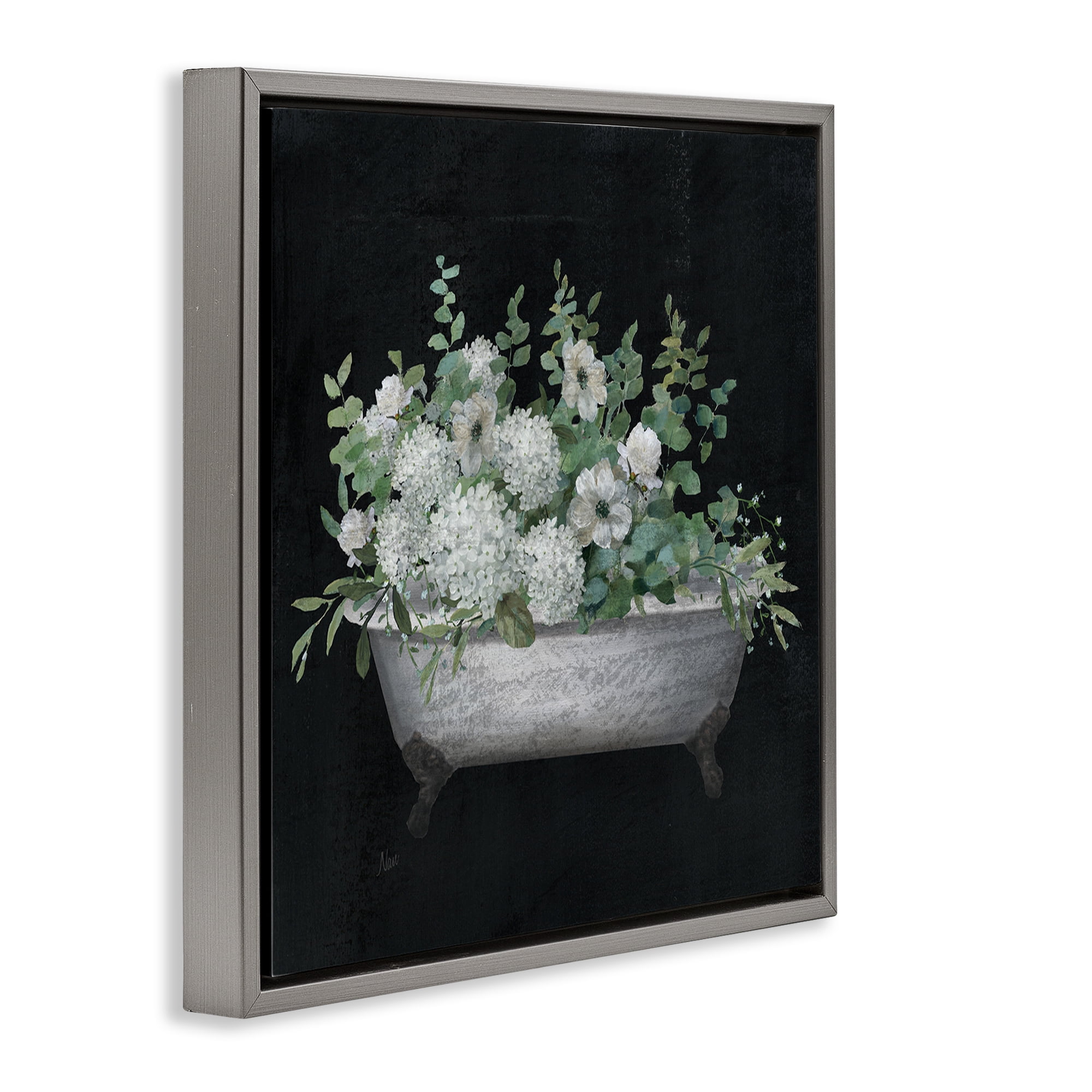 Stupell Industries Floral Bath on Black Typography Painting Gray Floater Framed Canvas Art Print Wall Art, 18 x 18
