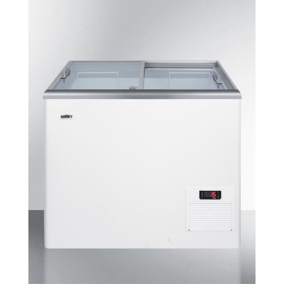 Flat top commercial ice cream freezer with sliding glass lid, digital thermostat, and novelty baskets