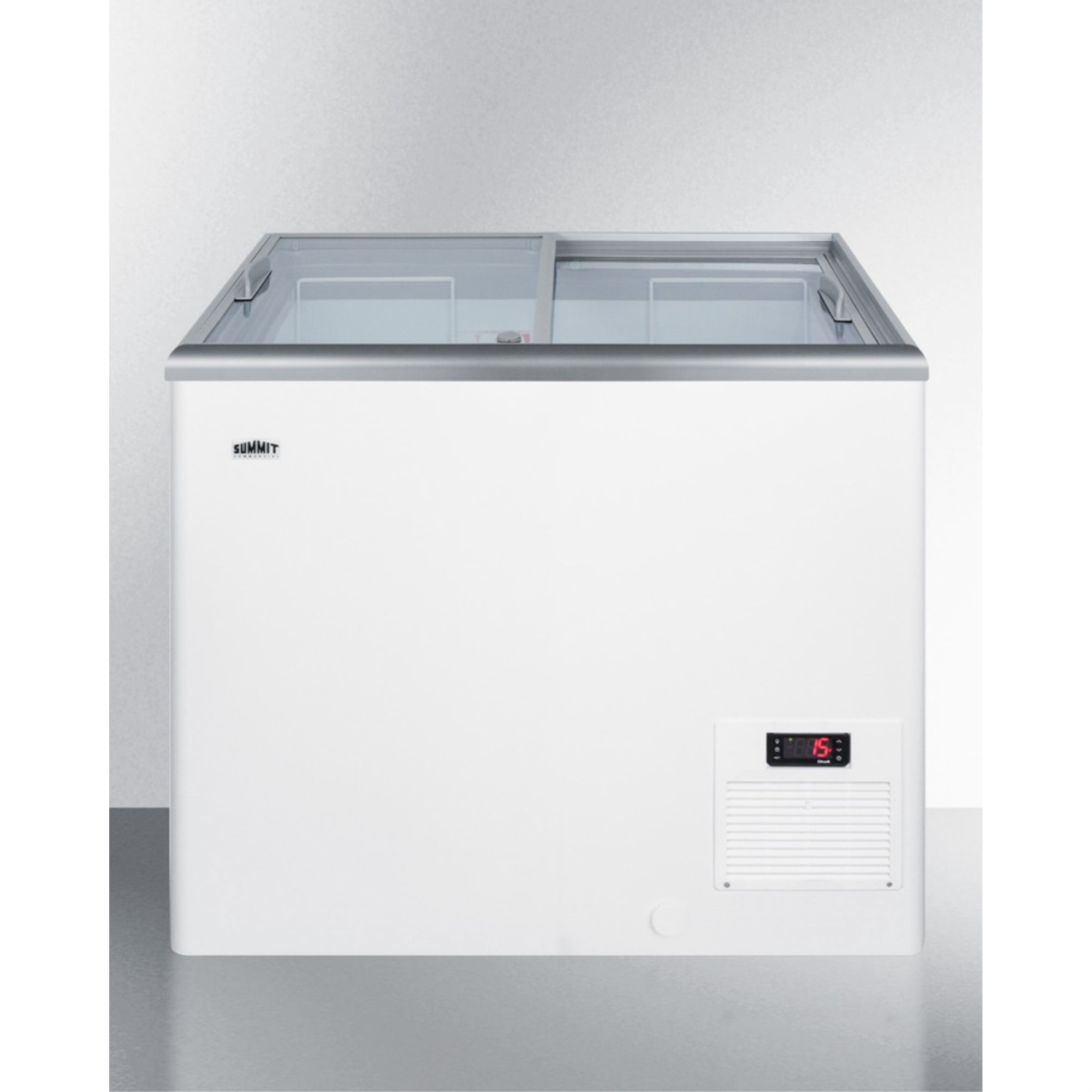Flat top commercial ice cream freezer with sliding glass lid, digital thermostat, and novelty baskets