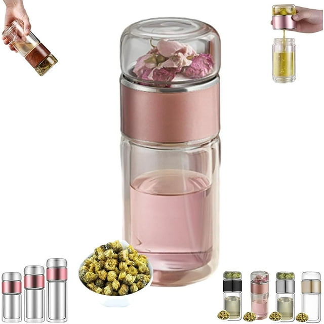 Alivefuser Tea Infuser, Portable Double Layered Tea Water Separation Glass TeaCup, 3 in 1 Tea Maker, 304 Stainless Steel Filter, Portable Loose Leaf Teas Maker for Travel, Office, Home (pink,350ml)