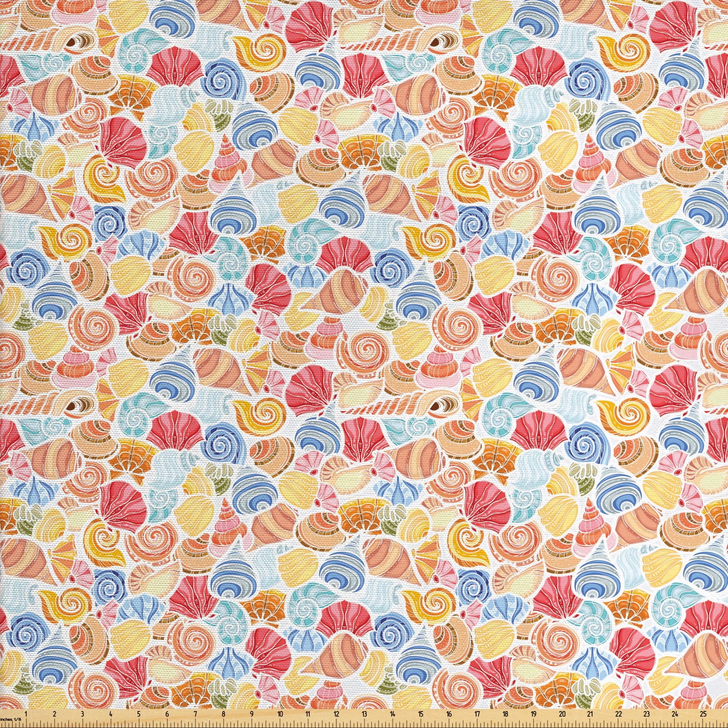 Scallop Fabric by The Yard, Continuous Vivid Shell Colorful Underwater Sea Life, Decorative