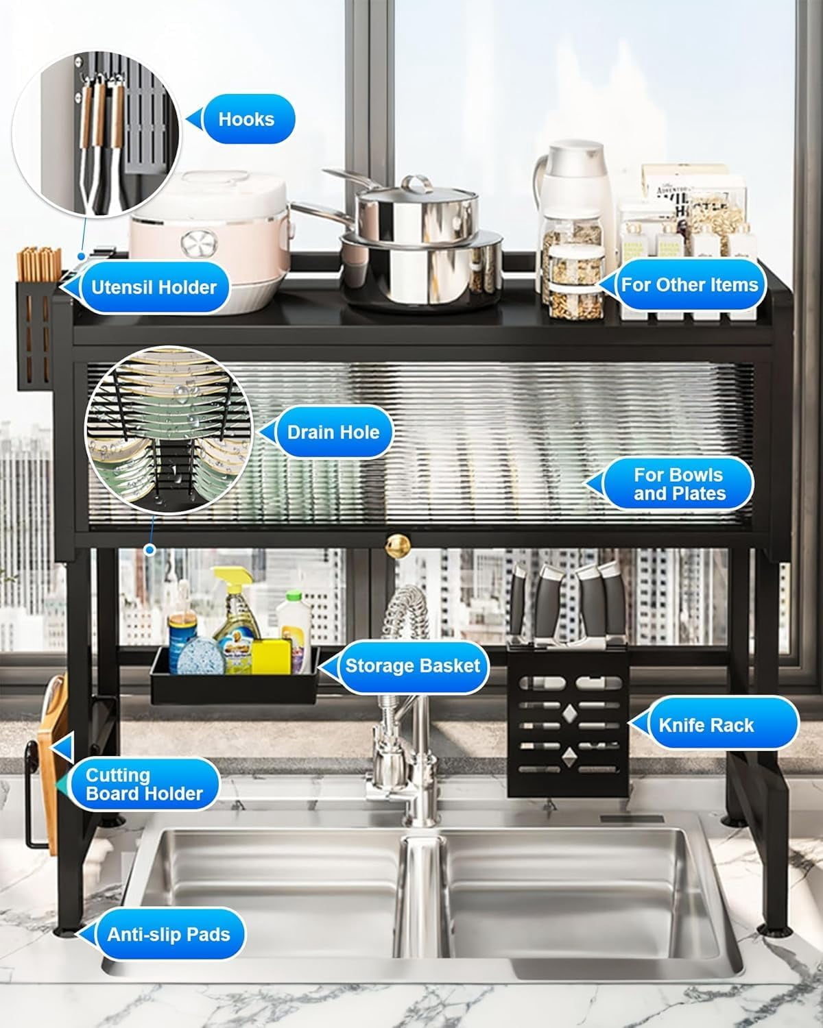 Dish Drying Rack, 3-Tier Over Sink Dish Drying Rack, 33.5" Over Sink Dish Rack for Small Kitchen, Black