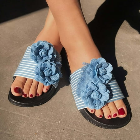 

Women s Summer Fashion Craftsmanship Cow Cloth Shoes One-word Flower Slippers