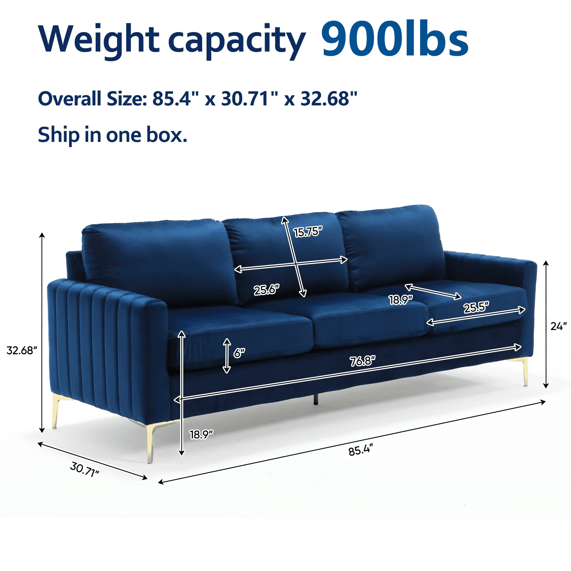 Lunale 85" Velvet Sofa, 3-Seater Deep Seat Cloud Couch, Modern Living Room Furniture, Navy Blue
