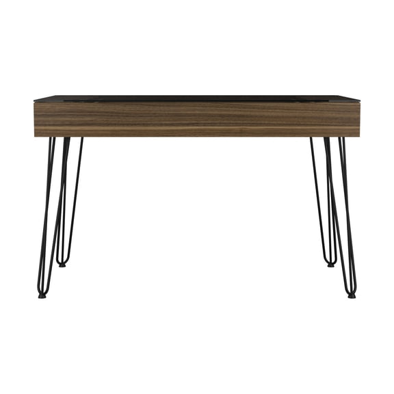 Mahogany Desk with Glass Top, Metal Legs and One Drawer / Convenient for Office Use