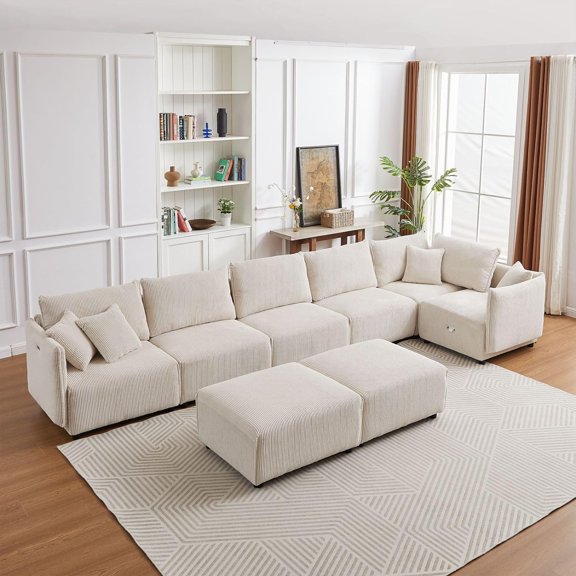 177" L-Shape Convertible Sectional Couches Sofas Modular Sectional Sofa Sleeper Sectional Sofa Modular Sectional Couch with USB and Type-c Charging for Living Room Apartment Office Beige, 8 Seats