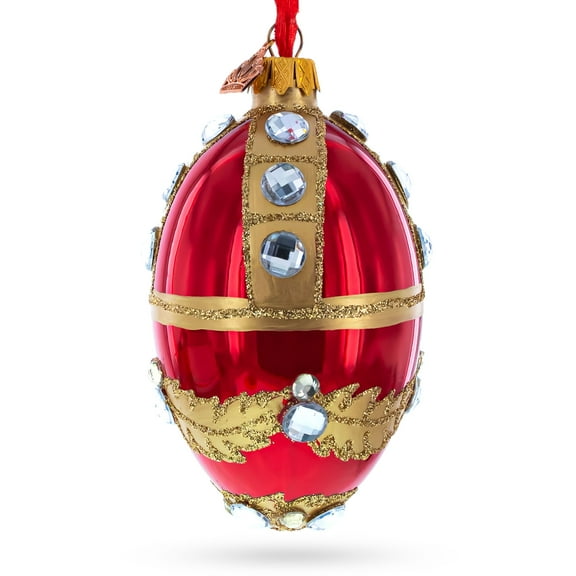 Diamonds on Red Glass Egg Ornament 4 Inches