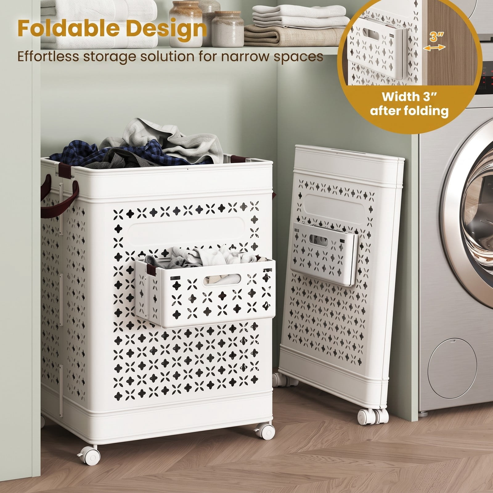 Fenbeli Collapsible Laundry Basket 20 Gallon, Plastic Foldable Laundry Hamper with Wheels, Handles and Hanging Basket, Waterproof PP Clothes Storage Bin Sorter, White