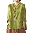 thumbnail image 2 of YM YOUMU Women Chinese Embroidered Shirt Cotton Linen Frog Button Long Sleeve Mandarin Collar Ethnic Top, 2 of 5