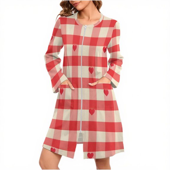 Ashirexll Robes for Women, Long Robes for Women, Fashion Casual Solid Color Plaid Print Nightgown with Pockets Loose Pajamas