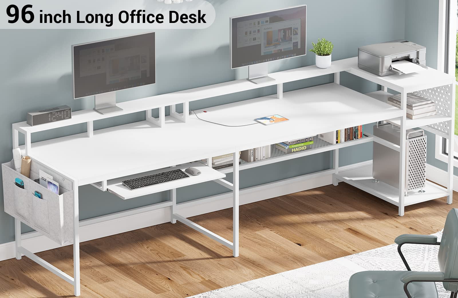 L-Shaped Computer Desk with Power Outlets & LED Lights, Reversible Corner Gaming Desk with Monitor Stand & Storage Shelves, White