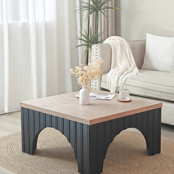 Modern Coffee Table With Solid Wood - Black Base For Lounge Decor Wooden Natural Grain, Ideal Relaxing In Living Rooms