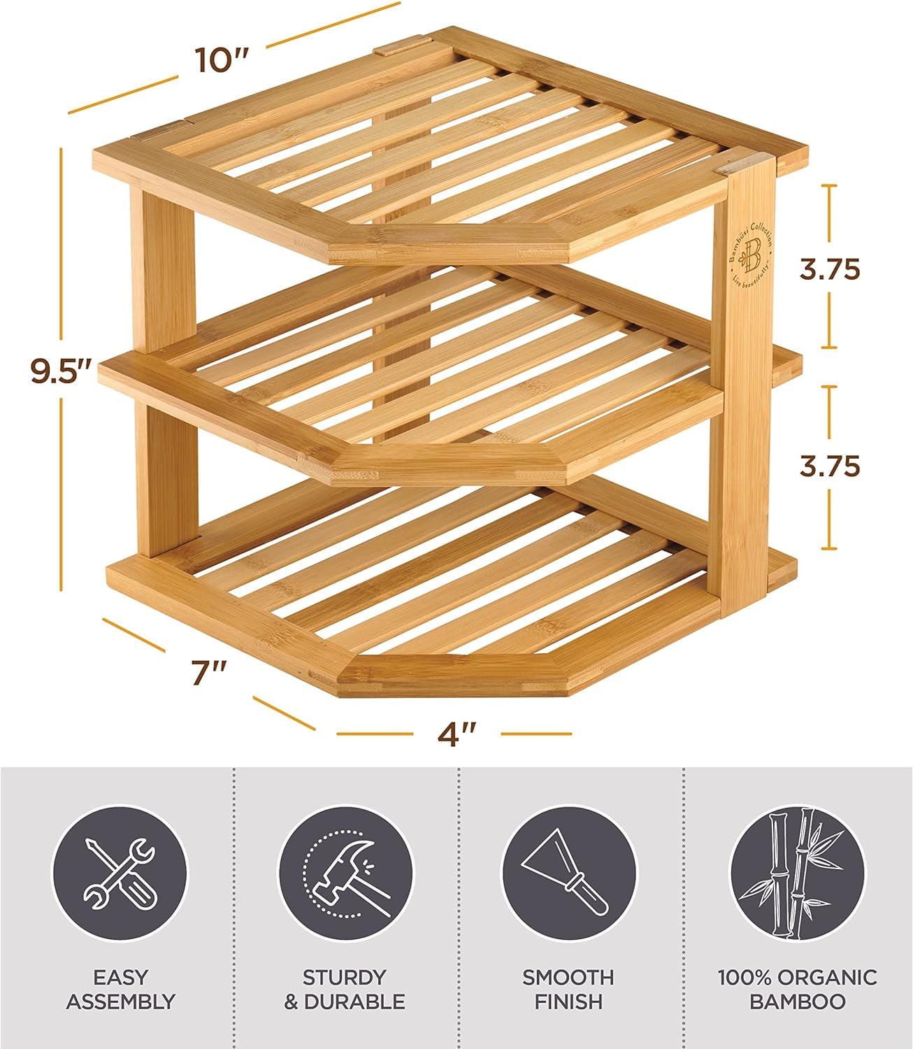 3-Tier Bamboo Corner Shelf Organizer for Cabinet Countertop, Plate Organizer for Cabinet, Cupboard Organizer, Black