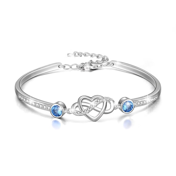 PEIMKO Christmas Gift Infinity Bracelet Sterling Silver Love Heart Adjustable Bangle Bracelet with Birthstone Crystals, Friendship Wedding Anniversary Birthday Gifts for Her Women Wife Girlfriend Mum