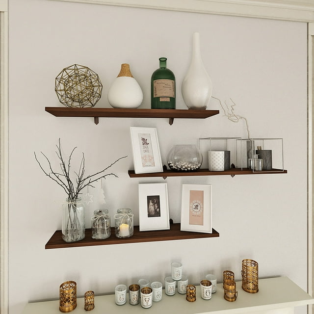 Repisa − Santiago. Juego De 3 Repisas Organizadoras Tipo Flotante De Pared 80x20 Cm, Incluye Ménsulas, Tornillos Y Taquetes. Cada Repisa Aguanta 25 Kg. (Madera café)