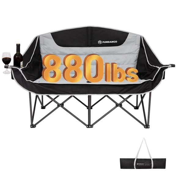 FUNDANGO Oversized Fully Padded 2 Person Loveseat Chair, Folding Double Camping Chair for Adults, Heavy Duty Outdoor Loveseat Chair with Side Table, Portable Double Camping Couch, Black-Grey