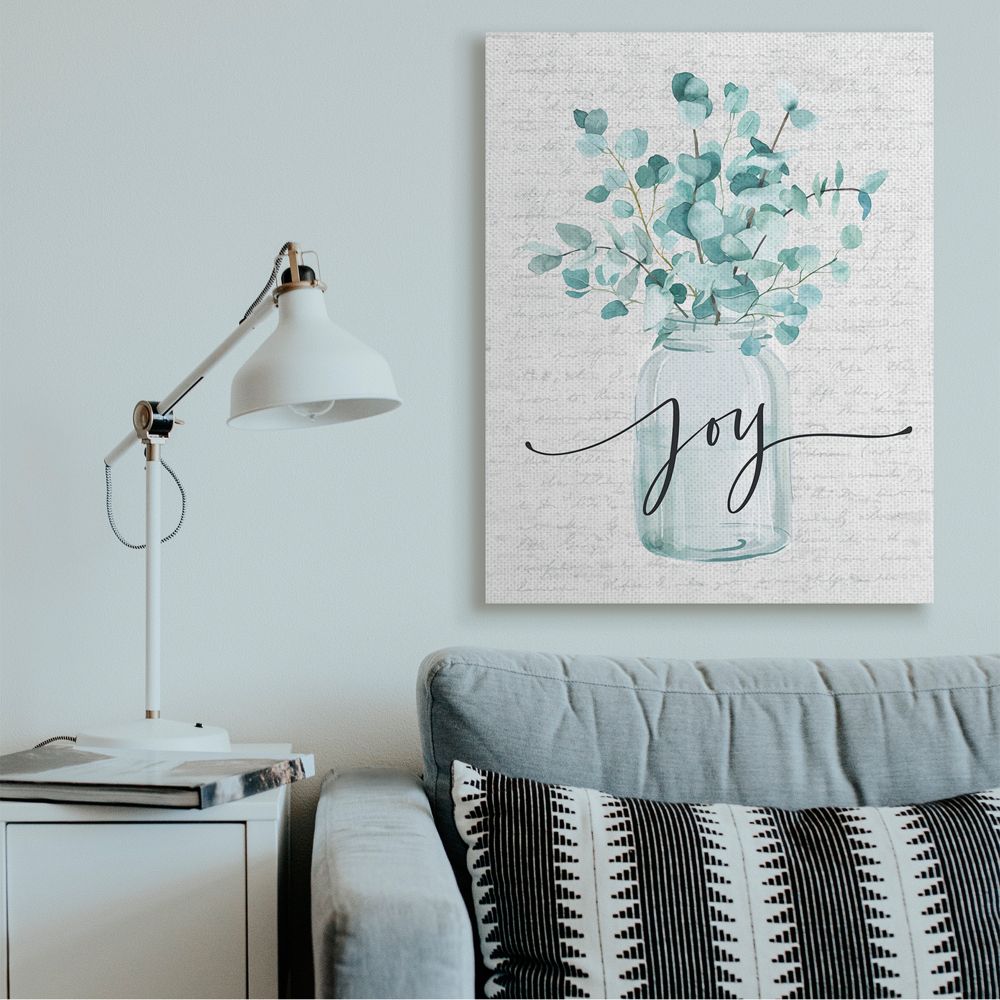 Stupell Industries Aqua Blue Plant Leaves In Jar Joy Text Design Canvas Wall Art Design by Lettered and Lined