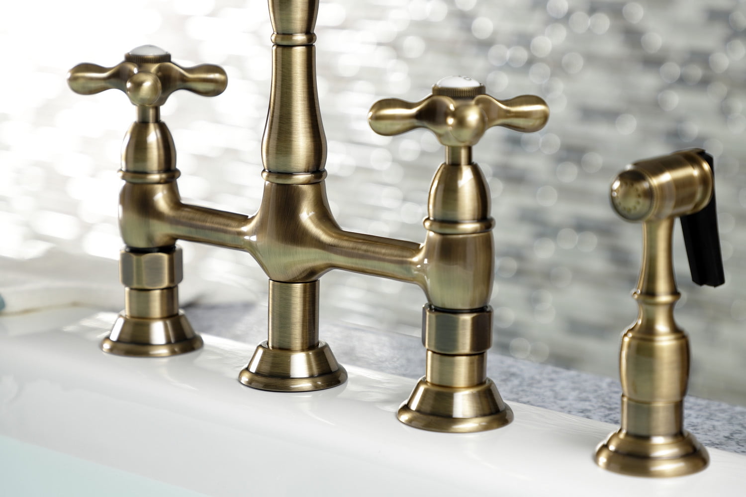 Kingston Brass KS1273AXBS Heritage Bridge Kitchen Faucet with Brass Sprayer, Antique Brass