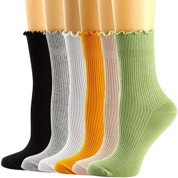 Women's Socks 6 Pack Ruffle Frilly Soft Cotton Casual Crew Socks Breathable Knit Ankle Boot Socks Teen Girls Multicolor