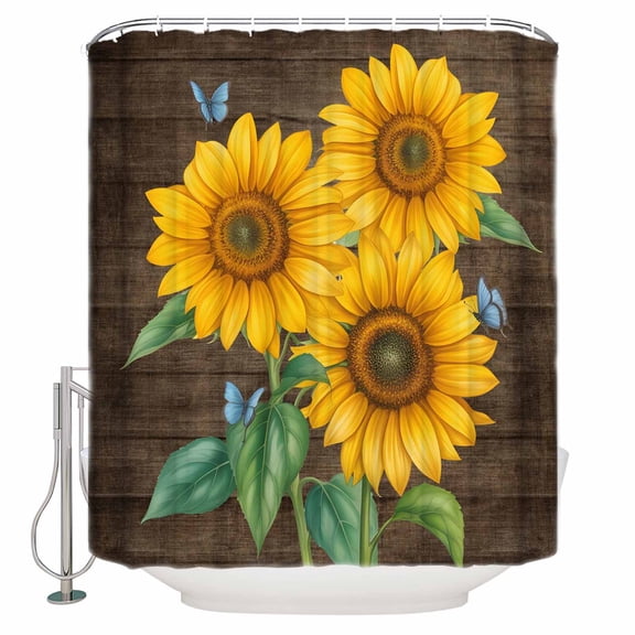 Farm Yellow Sunflower Butterfly Shower Curtain for Bathroom, Retro Brown Wood Plank Waterproof Shower Curtains Washable Quick Dry with Hooks Bathtub Curtains 72x72 IN