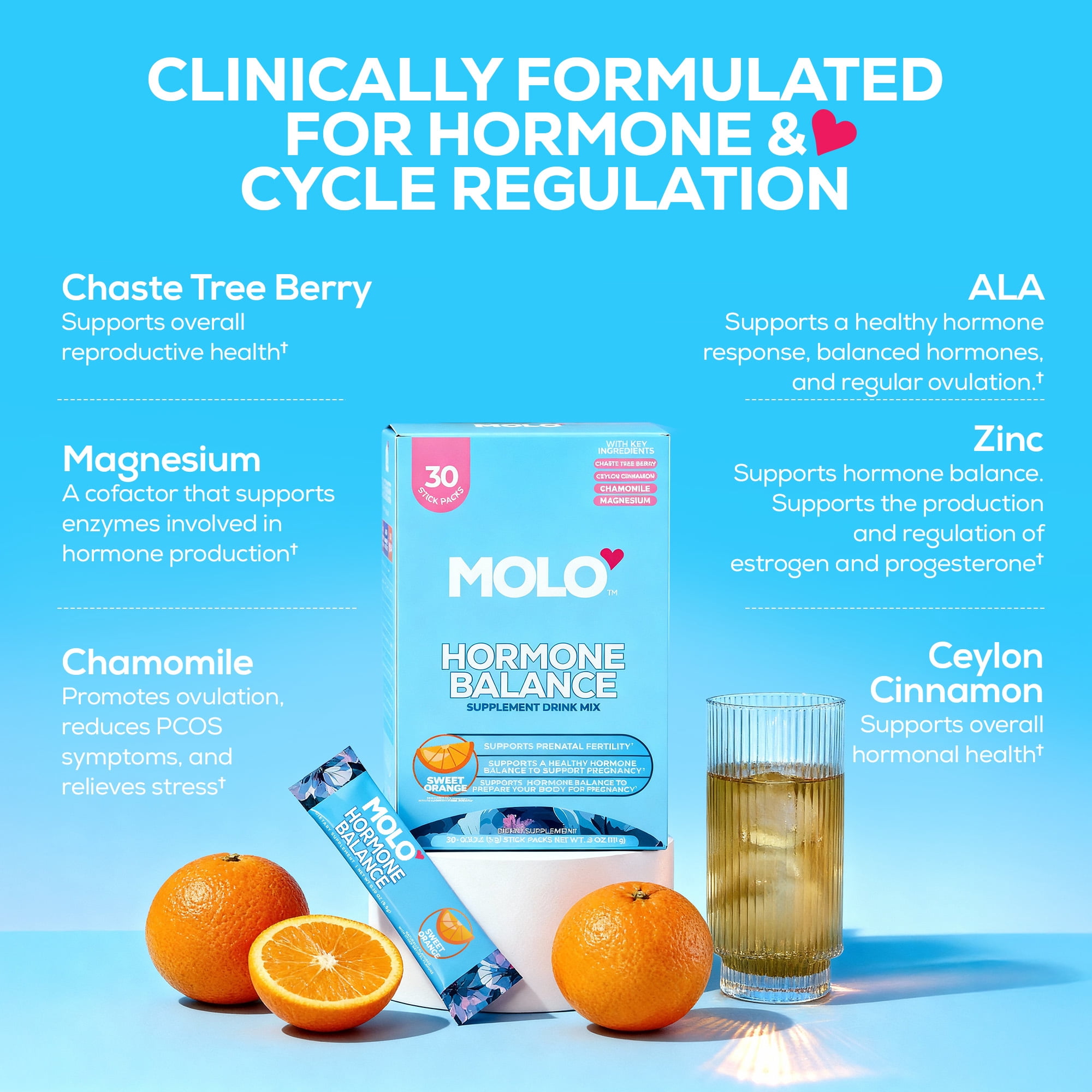 Molo Hormonal Balance Supplement Drink Mix, Mood Support and Cycle Regulation, Sweet Orange, 30 pack