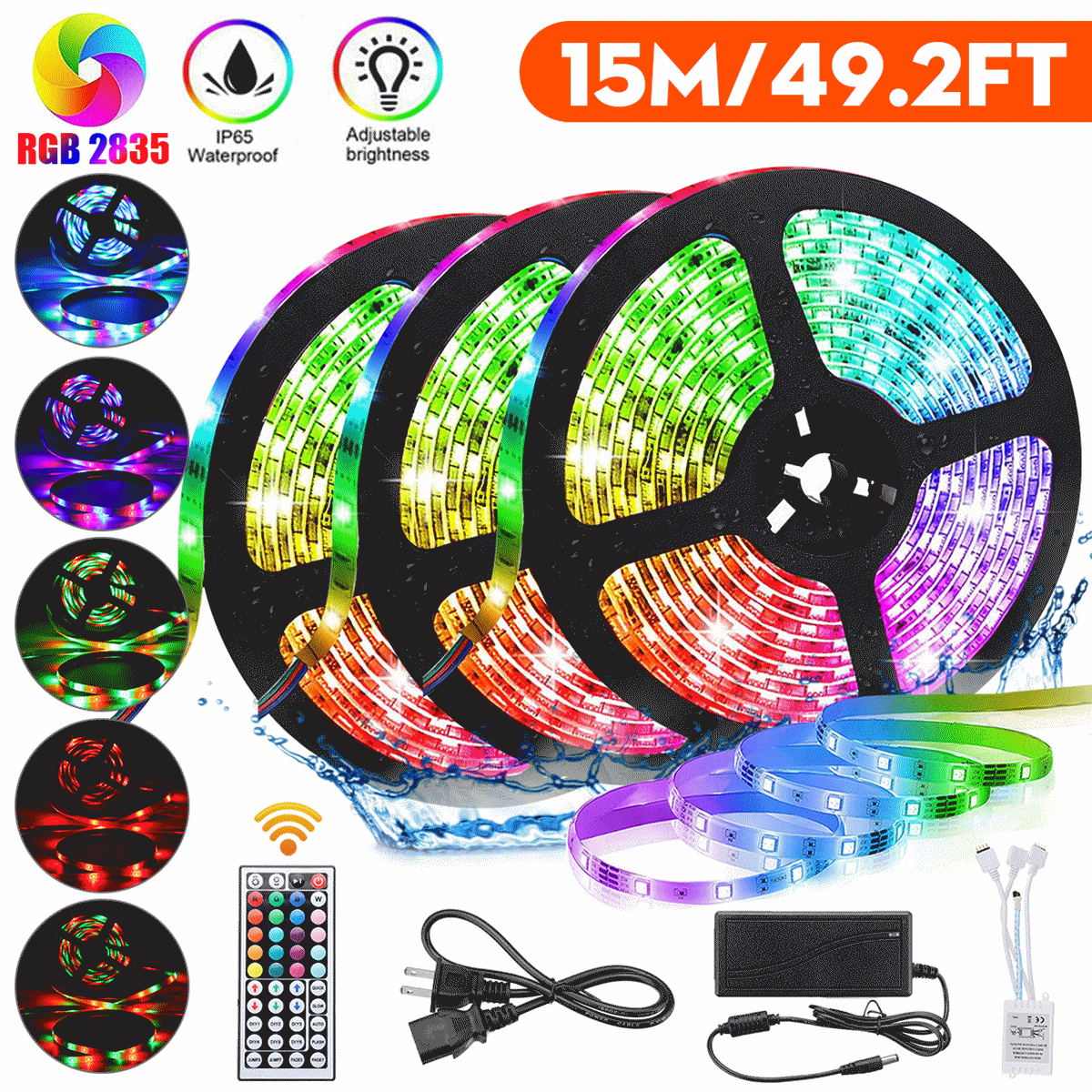 Color Changing,RGB Multicolor 5M/16.4ft LED Strip Lights Waterproof,DIY Setting 