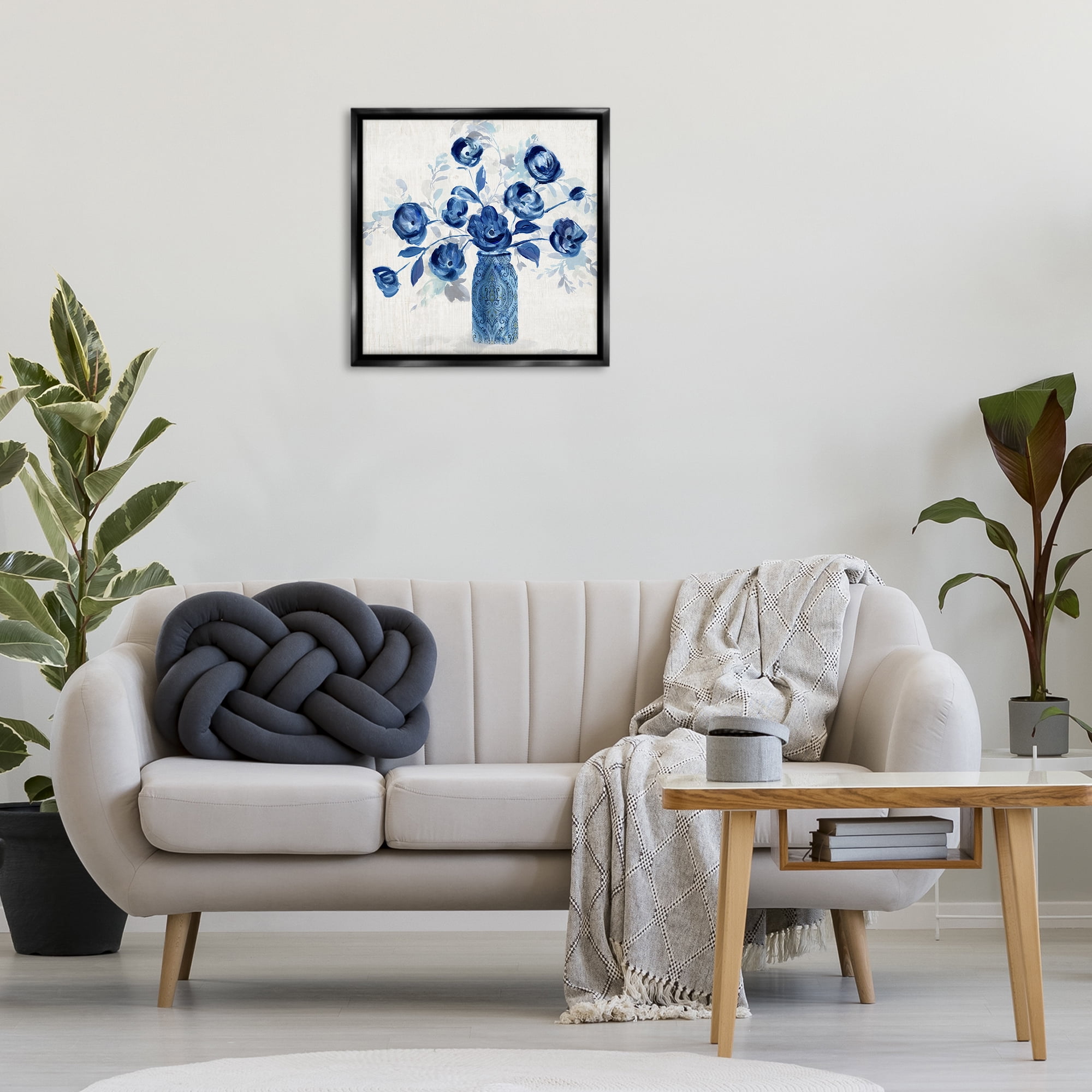 Stupell Industries Blue Roses Ornate Jar Plants & Flowers Painting Black Floater Framed Canvas Art Print Wall Art, 25 x 25