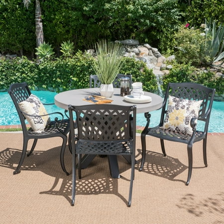 Concrete Pieces Patio Christopher Knight Home Capri Outdoor Transitional 5 Piece Cast Aluminum Dining Set with Lightweight Concrete Table by ()