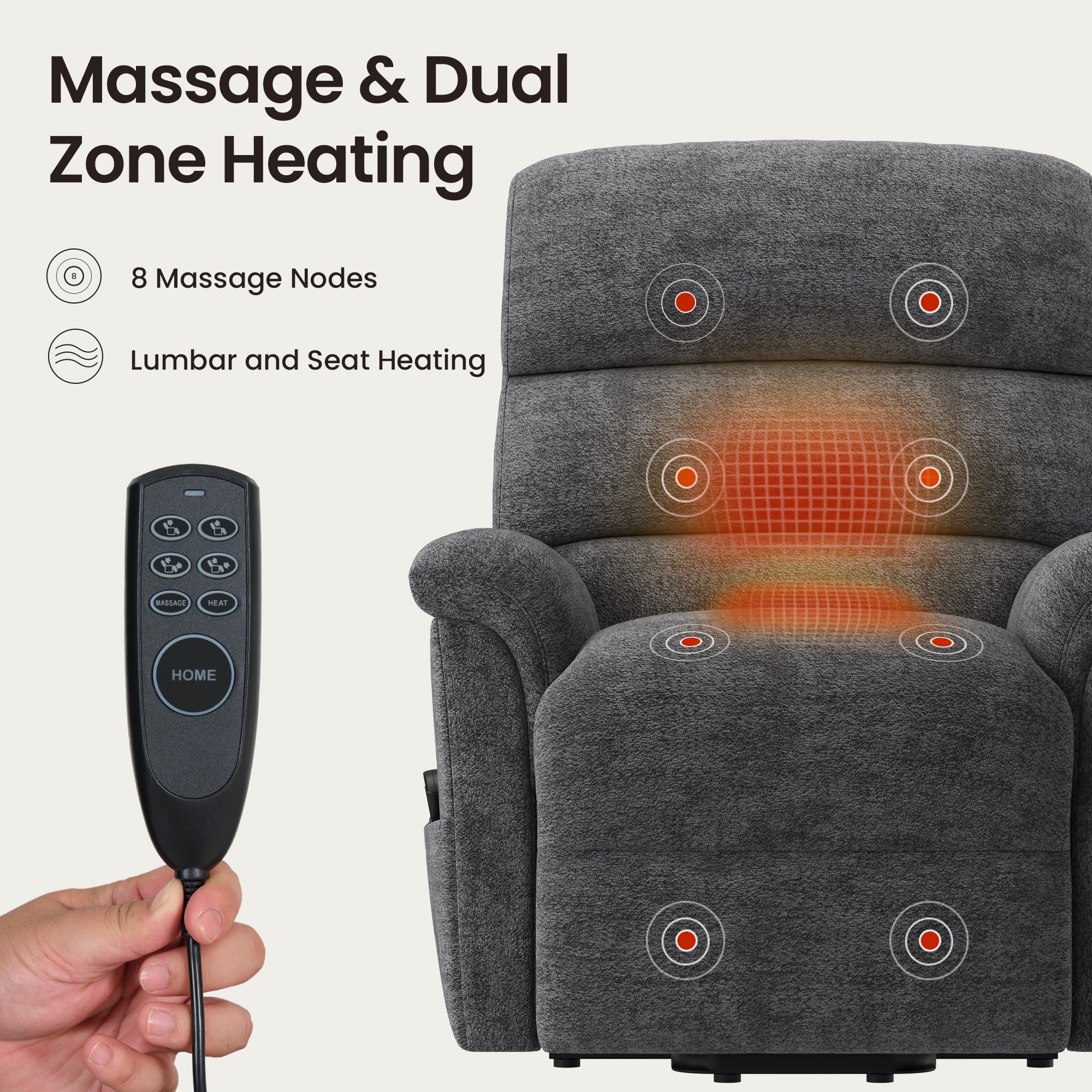 COLAMY Power Lift Recliner Chair for Elderly, Electric Massage and Heat Sofa with Lift Assistance, 20W USB and Type-C Fast Charging, Dark Grey