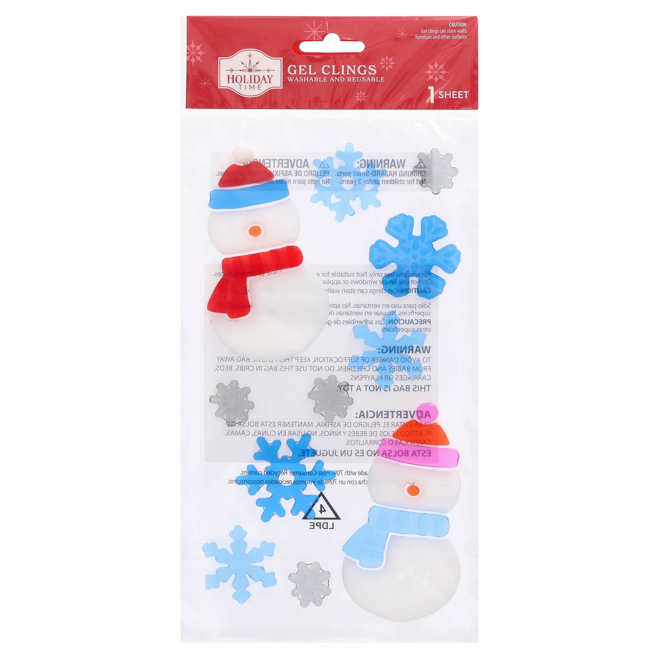 Snowman and Snowflake Christmas Window Gel Clings, Multicolor, 5.5" x 12", by Holiday Time