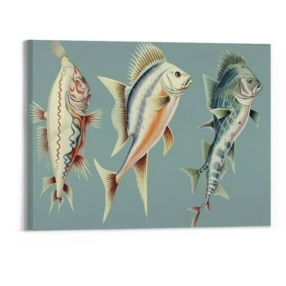 Creowell Nautical Fish Wall Art Ocean Beach Fishing Pictures Wall Decor Coastal Fish Vintage Kitchen Canvas Painting Home Modern Artwork Decorations for Kitchen Dining Room Living Bedroom 20"x16"in