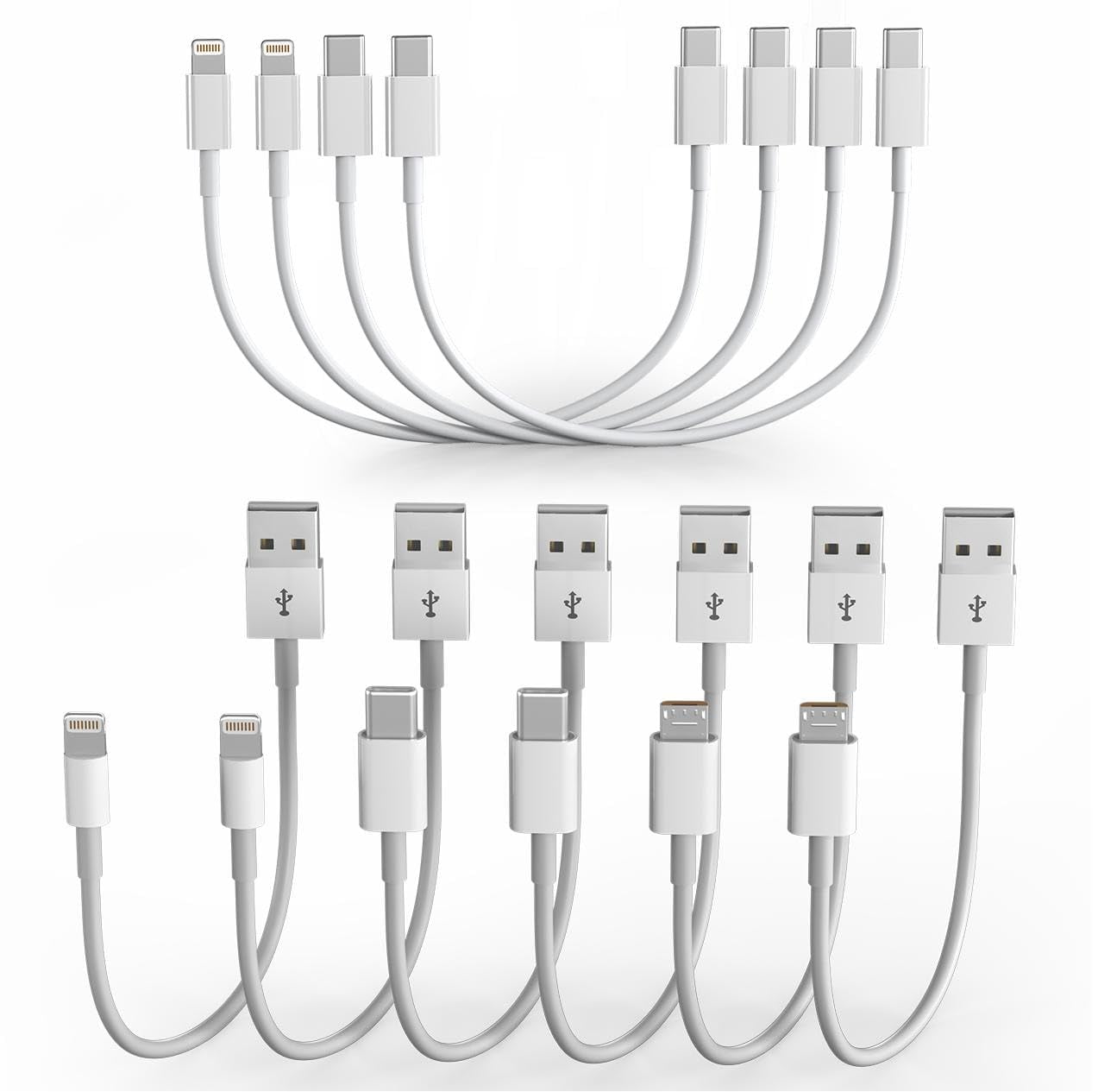 RGHJAR-Short Charging Cables - 10-Pack Type C/Lightning/Micro USB 1FT Short Charging Cords Support Fast Charge & Data Sync Compatible with iPhone 17/16/15/14/13/12/11, iPads, iPods, Mobiles, Tablets
