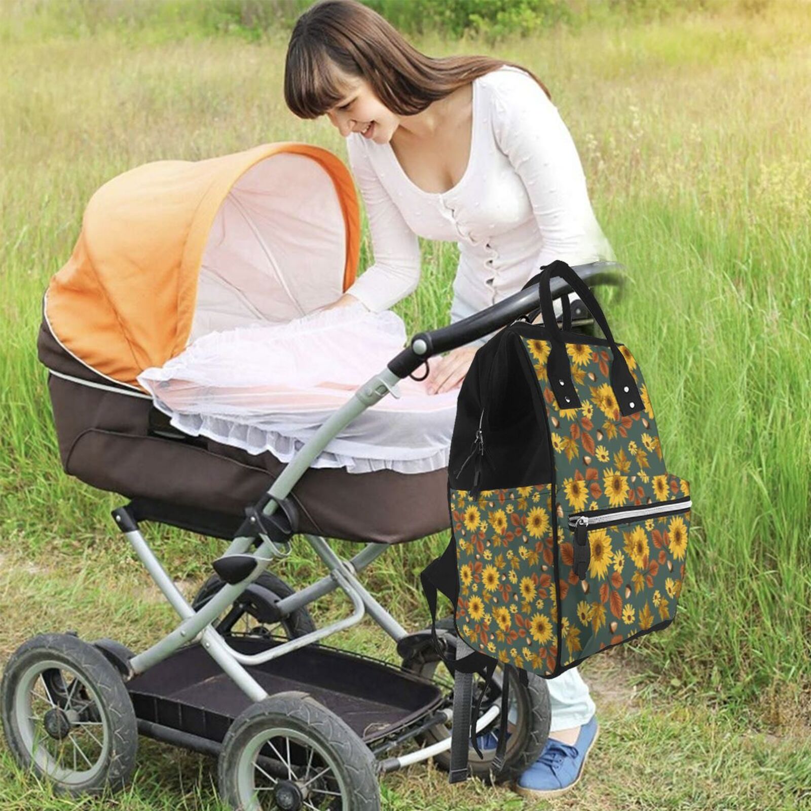 Fuzoiu Fall Daisy Leaf Nuts Print Diaper Bag Backpack,Baby Essentials Travel Tote,Multi function Waterproof Diaper Bag, Travel Essentials Baby Bag - Unisex