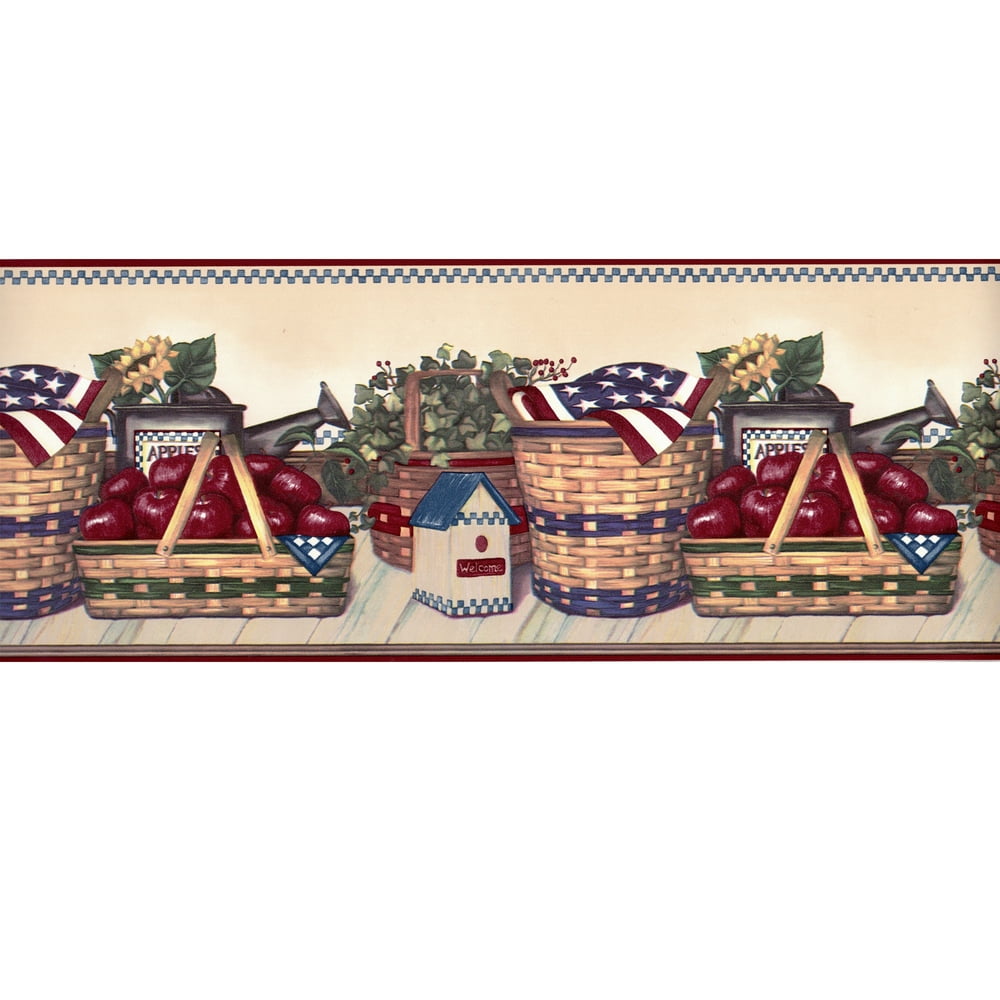 Red Apple Basket Sunflower Americana Flag Patriotic Country Kitchen