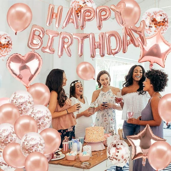 AOWEE Women Birthday Balloon Rose Gold, Happy Birthday Garland Kit with Rose Gold Confetti Balloons Star and Heart Balloons Banner for Girl Women Birthday Decoration