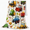 thumbnail image 2 of Smiling Tractors with Barns and Hay Bales, Playful Cartoon Style for Tractor Lovers, Cozy Farm Vehicle Scene, Flannel Blanket for Kids Room and Playroom, Birthday Gift and Farm Home Decor, 2 of 9