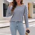 thumbnail image 5 of tklpehg Womens Casual Tops Loose Long Sleeve Tops Going Out Tops Tunic Tops Crewneck Striped Comfy Lightweight Blouses (Navy,XXL), 5 of 8