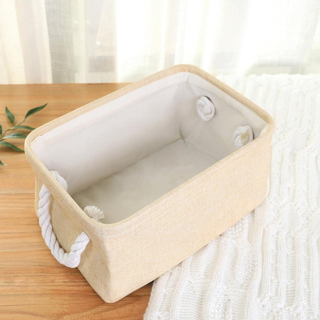 Cesta de almacenamiento de lino con cesta organizadora de mesa portátil, caja de almacenamiento de artículos diversos para cosméticos plegable Tamaño: grande, mediano y pequeño Color: amarillo claro,