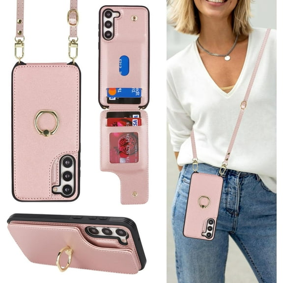 for Samsung Galaxy S22 Case with Card Holder and Strap for Women,Crossbody Lanyard,Ring Stand,Snap Clasp,RFID Blocking,Phone Wallet Cases 6.1 inch(Rose Gold)
