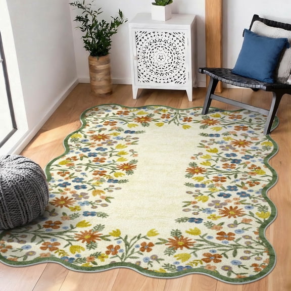 Washable Area Rug for Living Room, 4'x6' Floral Non-Slip indoor Rug, Soft Low Pile & Stain Resistant Boho Accent Carpet for Bedroom, Dining Room, Kitchen, Entryway, Nursery