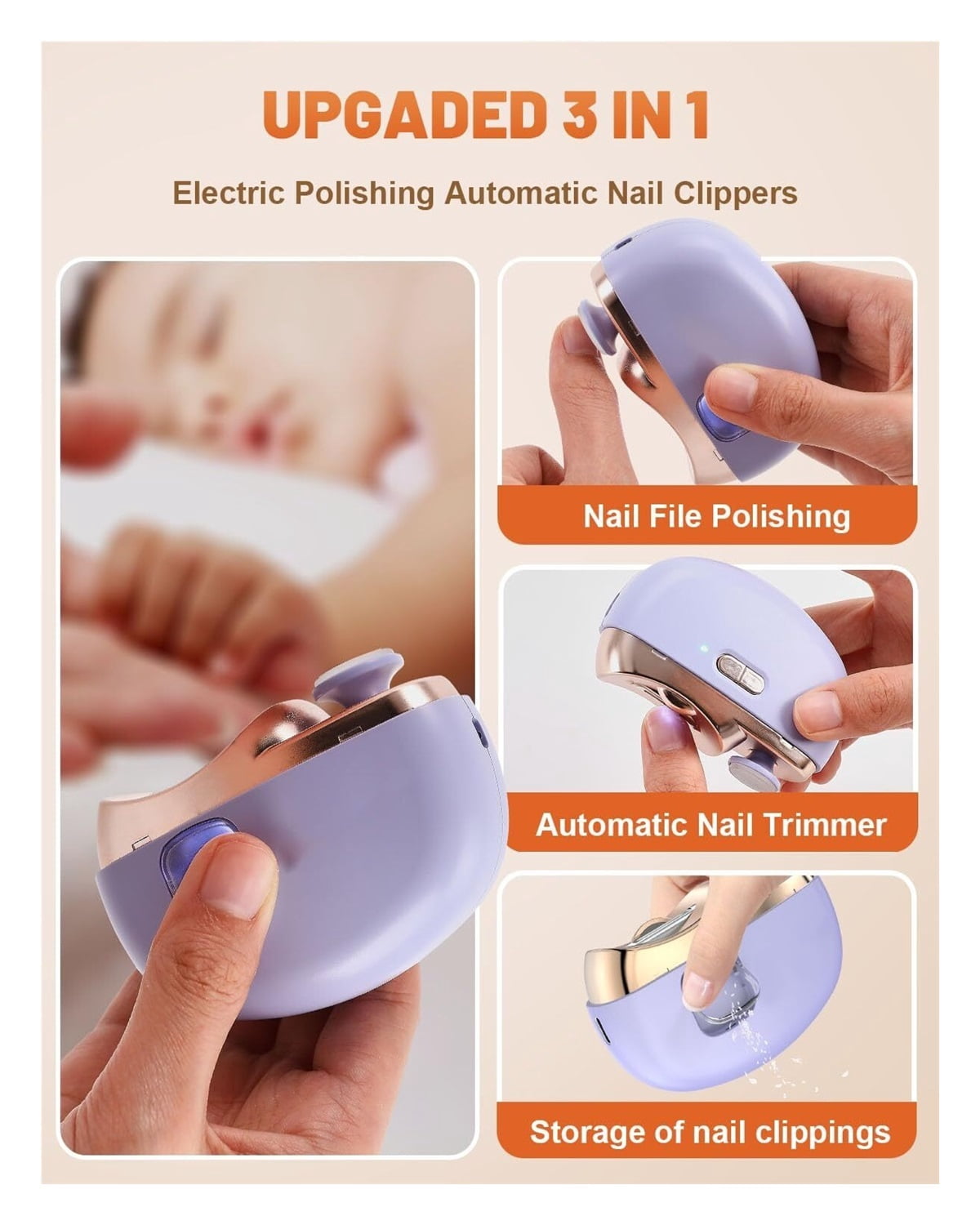 Electric Nail Clipper, 3 in-1 Electric Polishing Automatic Nail Clippers with LED Light & Nail Scraps Storage, Electric Nail Trimmer Automatic Nail Clippers for Baby, Kids, Adults, Seniors (White)