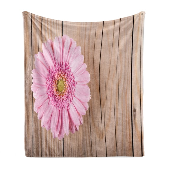 Rustic Soft Flannel Fleece Throw Blanket, Large Gerbera Daisy on Oak Tree Background Dramatic South American Exotic Photo, Cozy Plush for Indoor and Outdoor Use, 50" x 70", Pink Brown, by Ambesonne