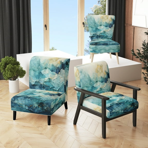Designart "Teal Yellow Ocean Charm Pastoral III" Teal Modern Upholstered Accent Chair - Nautical & Coastal Arm Chair For Living Room