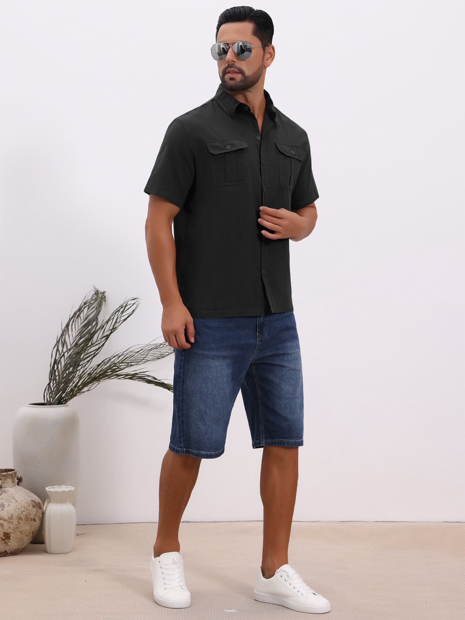DARING DIVA Men's Solid Color Short Sleeve Button Down Linen Shirt 3XL Black
