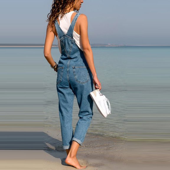 Denim Romper for Women Long Denim Overalls for Women Straight Legs Jeans for Women