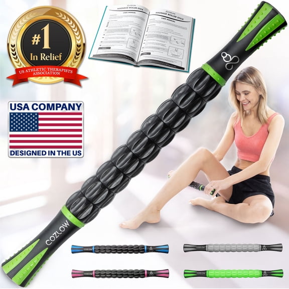 Cozlow Muscle Roller Stick, Myofascial Release & Lymphatic Drainage for Shoulder, Back & Leg, Black Green