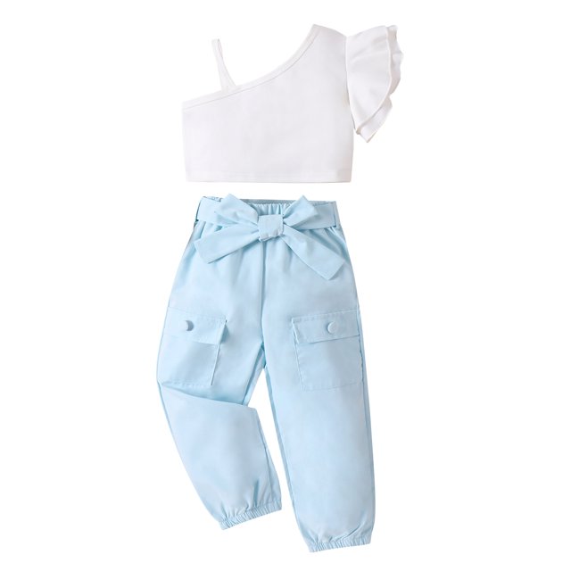 SUNSIOM Kids Girl Summer Outfits Solid Color Spaghetti Strap Ruffles Fly Sleeve Tops Elastic Waist Long Pants with Belt 2Pcs Clothes Set