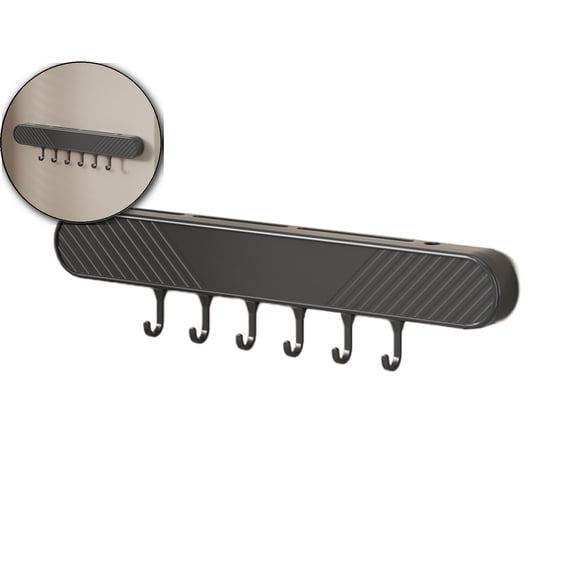 Wall Mounted Utensil Hanger Rack with 6 Hooks Cookware Hanging Shelf Sticky for Brushes Ties Kitchen Bedroom(Black)